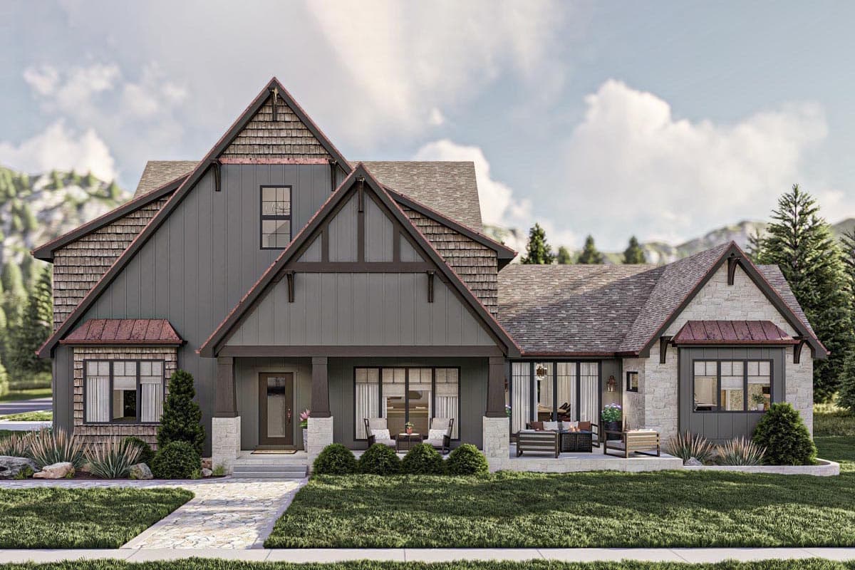 House plan exterior with Craftsman style. Features include gabled rooflines, a covered porch with pillars, and exposed rafter tails.