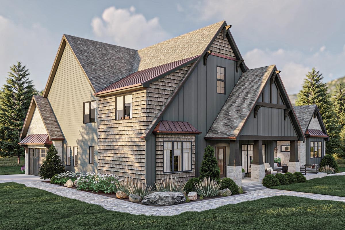 House plan exterior: Two-story modern farmhouse with shake siding, board-and-batten, stone accents, gables, and a covered front porch.