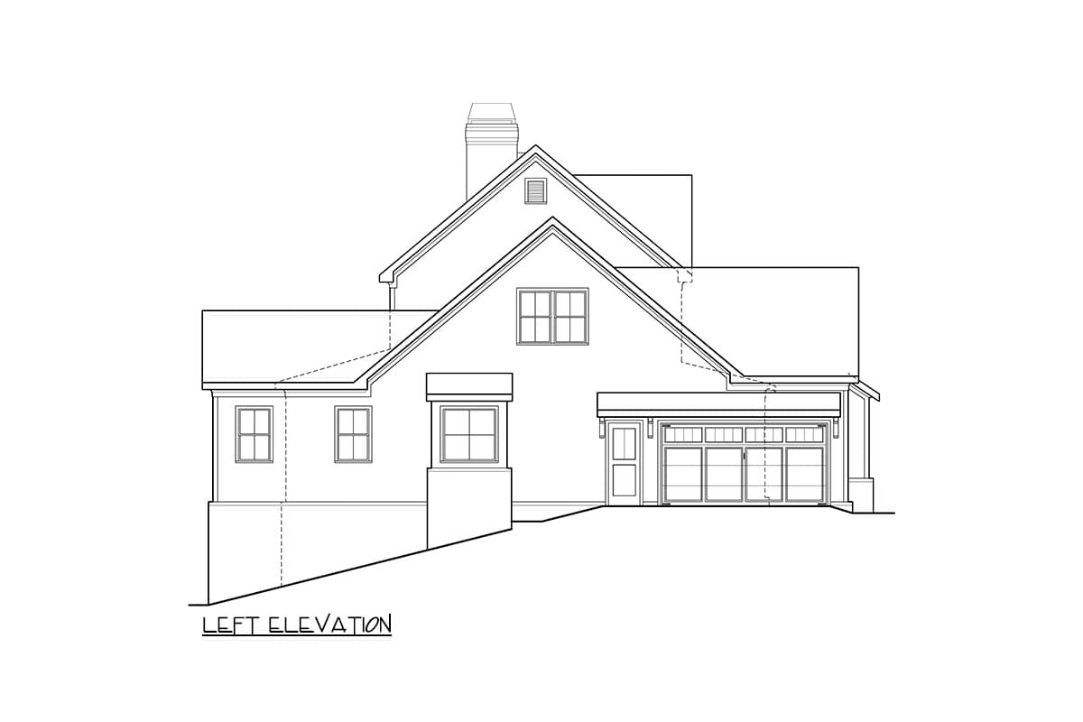 Left elevation of a house plan showing a side view with a garage, gables, and a chimney.