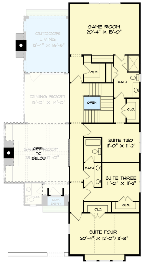 Plan 93199EL: Transitional European-Style House Plan with Outdoor Fireplace and Upstairs Game Room - Floor Plan - 2nd Floor - European, Transitional, Tudor