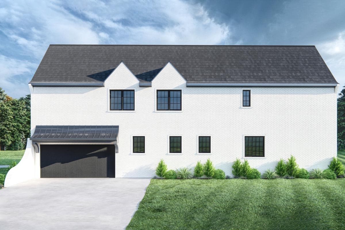 House plan exterior of a two-story home with white brick, gabled dormers, and a metal awning over the garage.