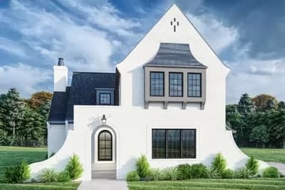 Transitional European-Style House Plan with Outdoor Fireplace and Upstairs Game Room
