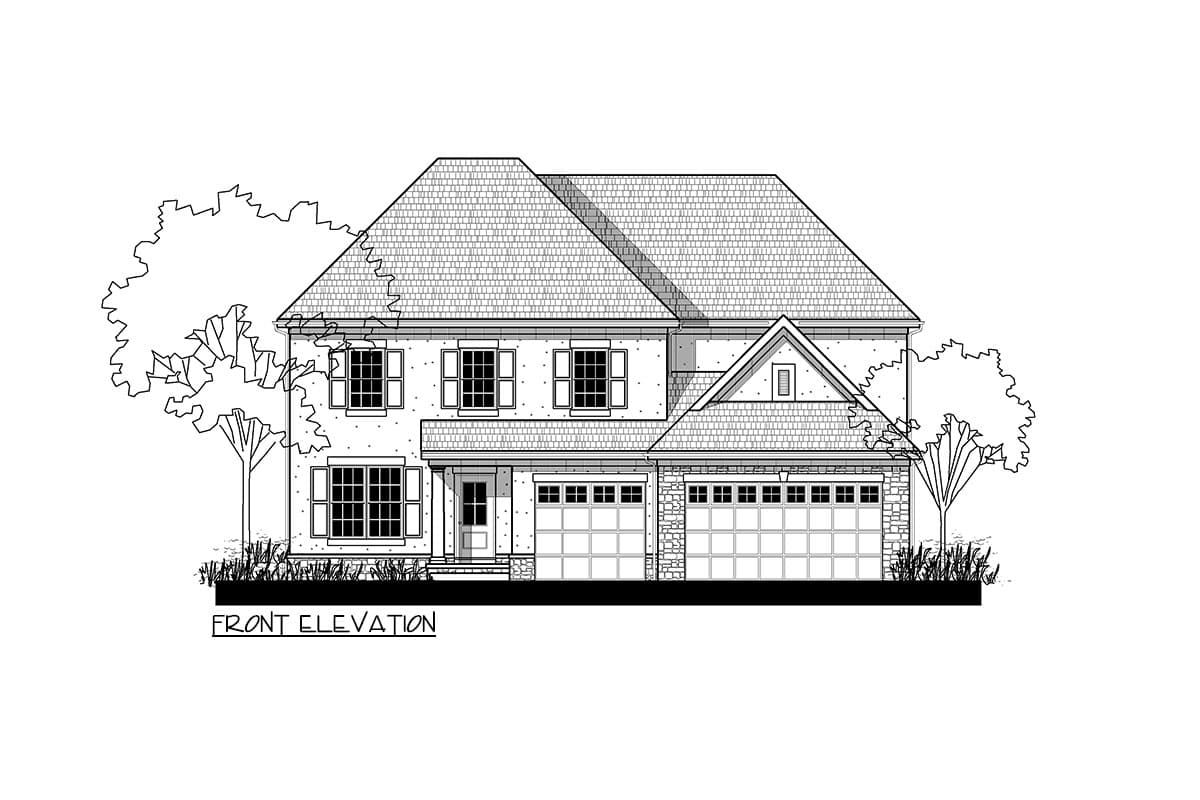 Front elevation drawing of a two-story house with a side-entry three-car garage, dormer, and symmetrical windows.