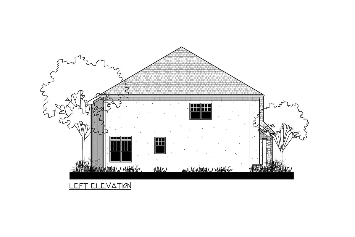 Left elevation drawing of a two-story house with a gabled roof, multiple windows, and a side entrance.