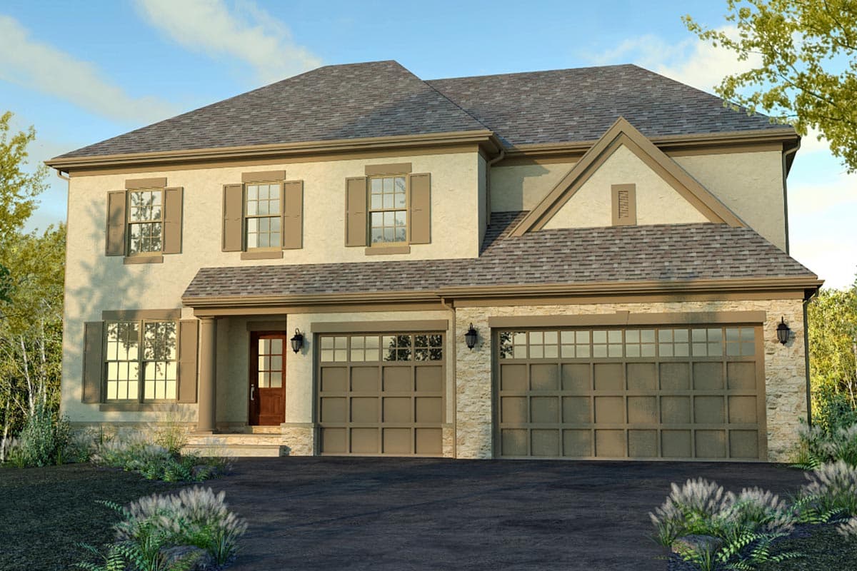 House plan exterior with two stories, stucco exterior, multiple gables, stone veneer accents, and an attached two-car garage.