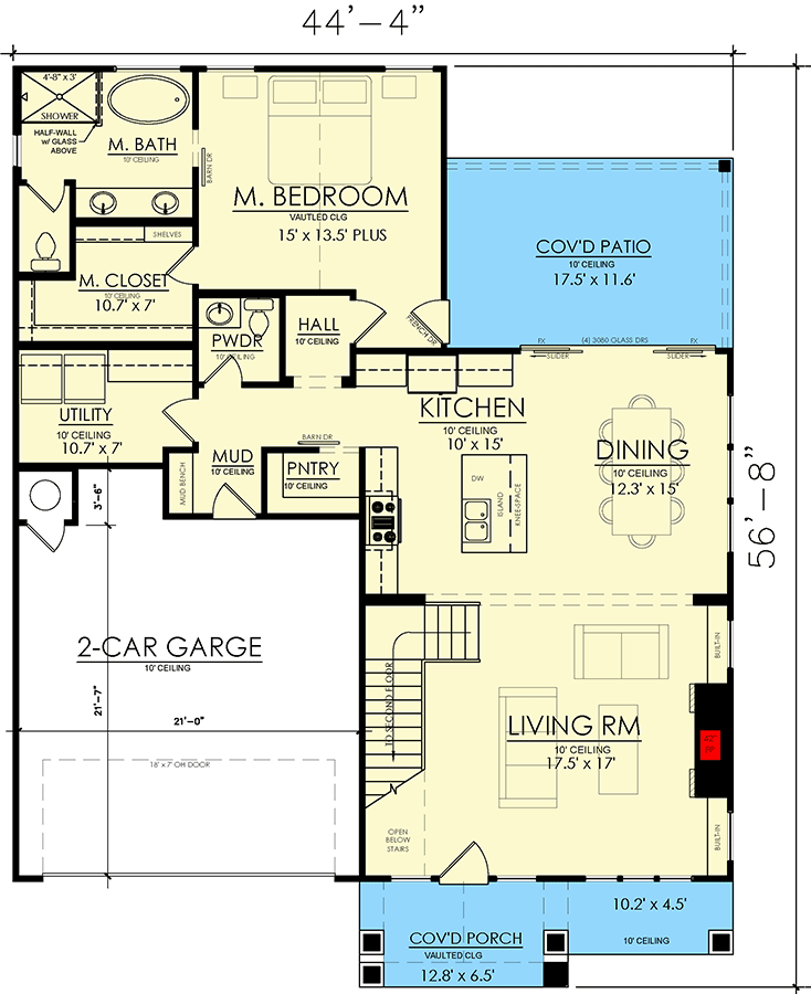 Plan 421536CHD: Four Dormered House Plan with 3 Beds and 1939 Square Feet of Heated Living Space - Floor Plan - Main Level - Country, New American