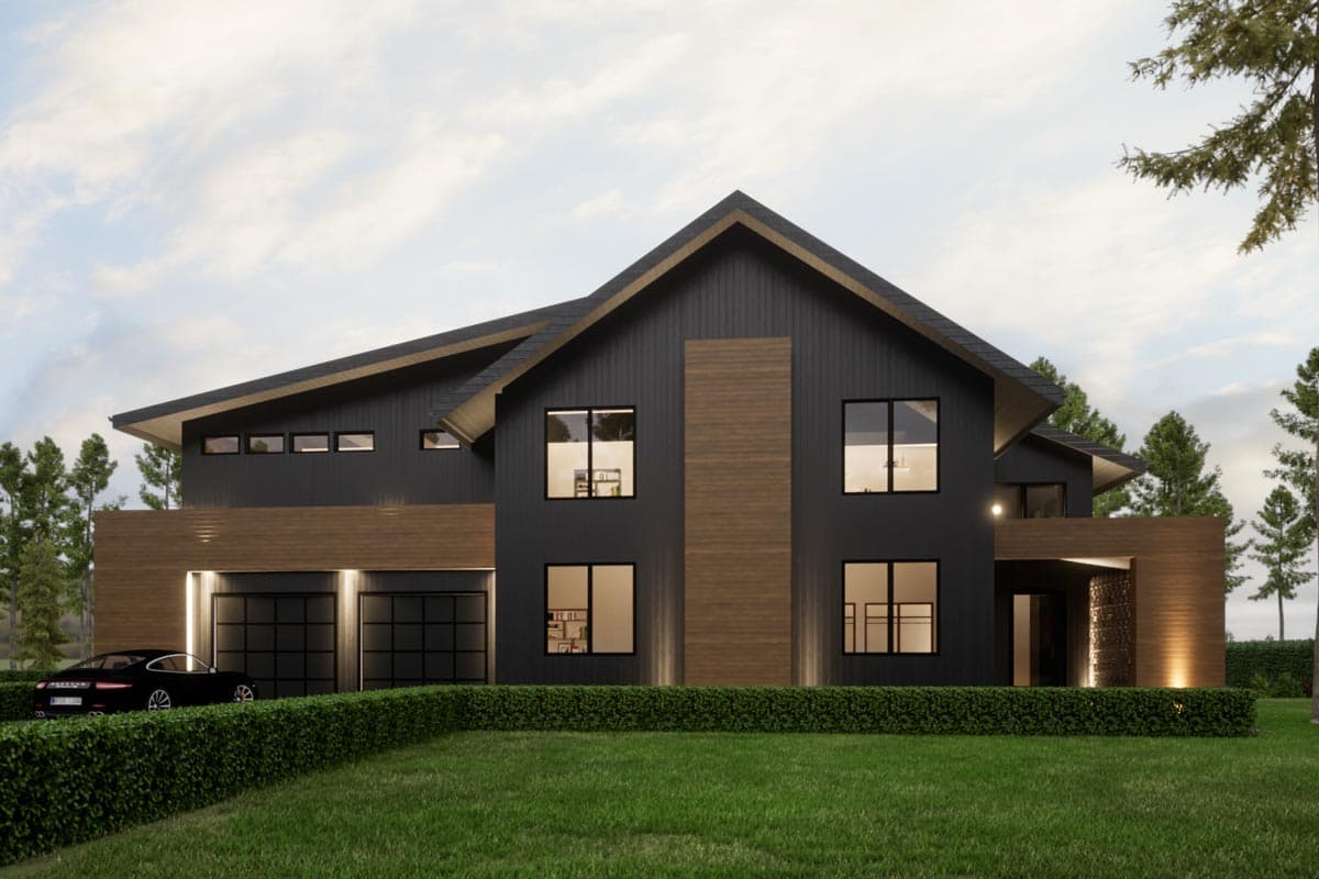 House plan exterior. Two-story modern house with a mix of dark siding and wood accents, multiple gables, and an attached garage.