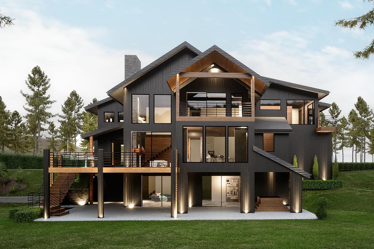 Modern house plan exterior with multiple gables, extensive glass windows, and cantilevered balconies.