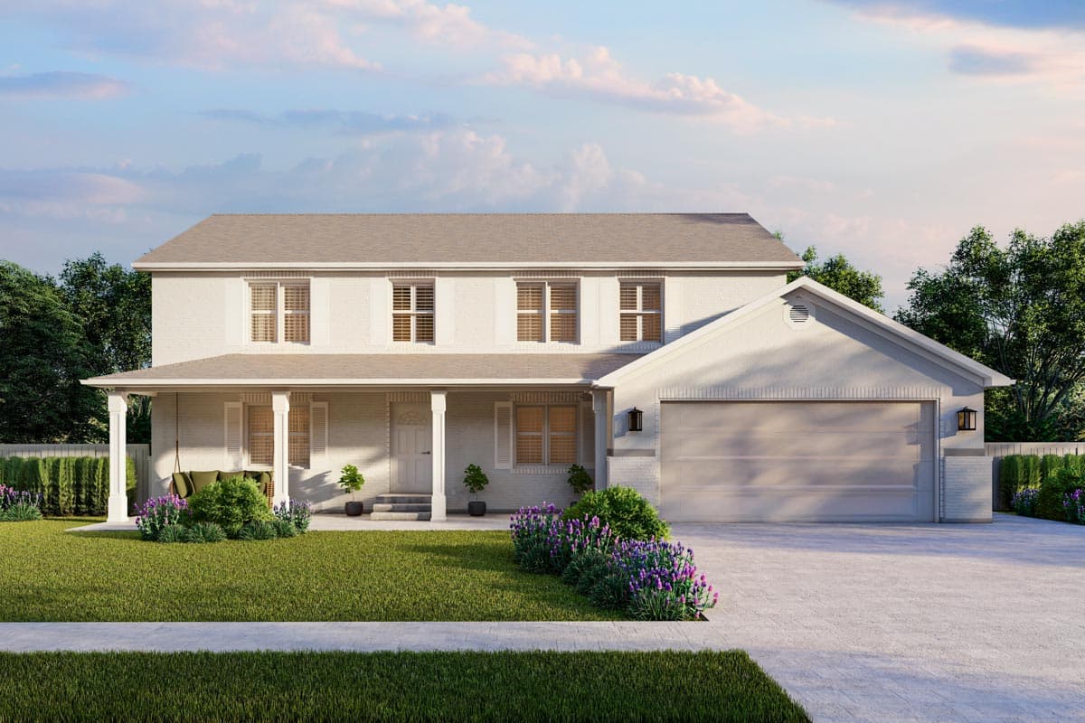 Two-story house plan exterior featuring a front porch with columns, a two-car garage, and symmetrical windows with shutters.