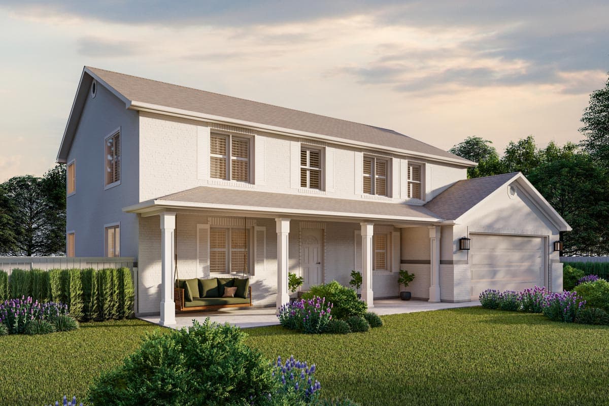 Two-story Modern Farmhouse exterior with full-width porch, gables, white brick, and attached garage.