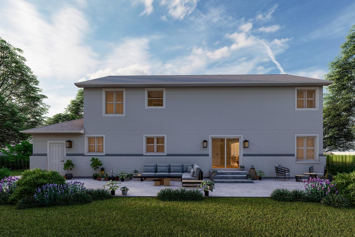 House plan exterior: Two-story residence with a side-entry garage, multiple windows, and a rear patio. Architectural style appears modern.