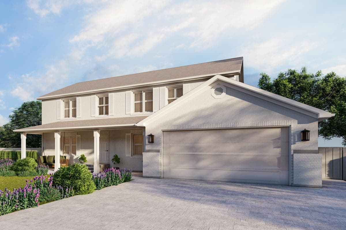 Two-story house plan exterior with covered porch, white shutters, and attached two-car garage with gable vent.