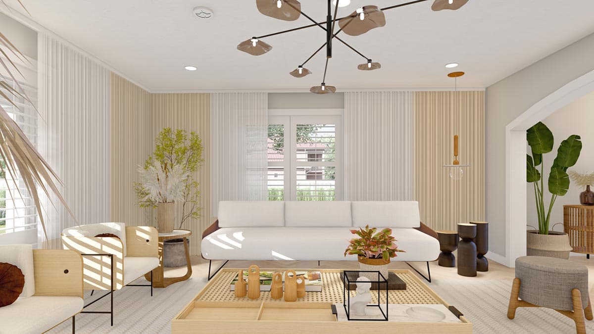 Living room rendering with white sofa, modern chandelier, slatted accent chairs, and light wood coffee table.
