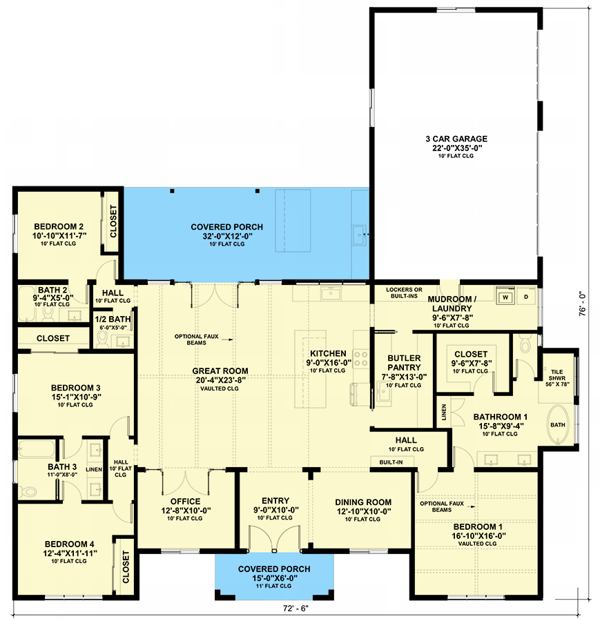 Plan 420114WNT: 2800 Square Foot 4-Bed House Plan with Nicely Balanced Exterior - Floor Plan - Main Level - Contemporary, Hill Country, New American, Ranch