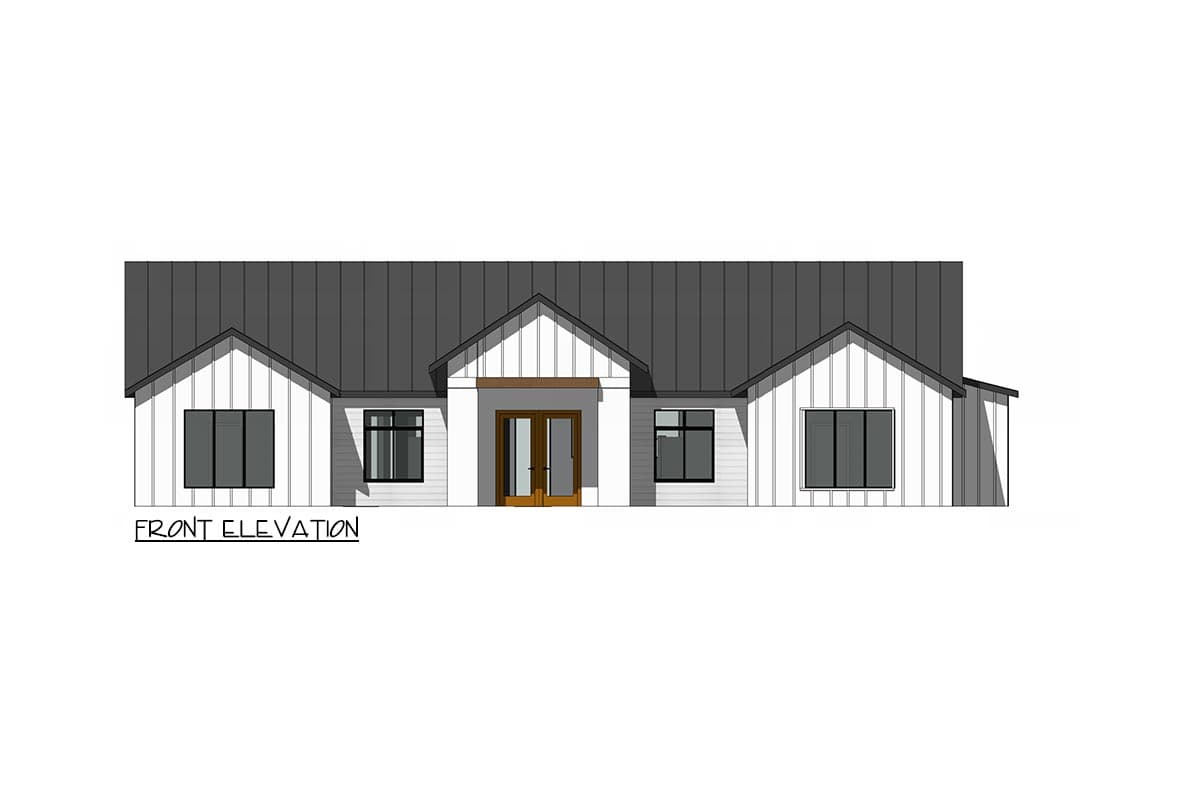 Front elevation drawing of a Modern Farmhouse style house with vertical siding, gables, metal roof, and double entry doors.