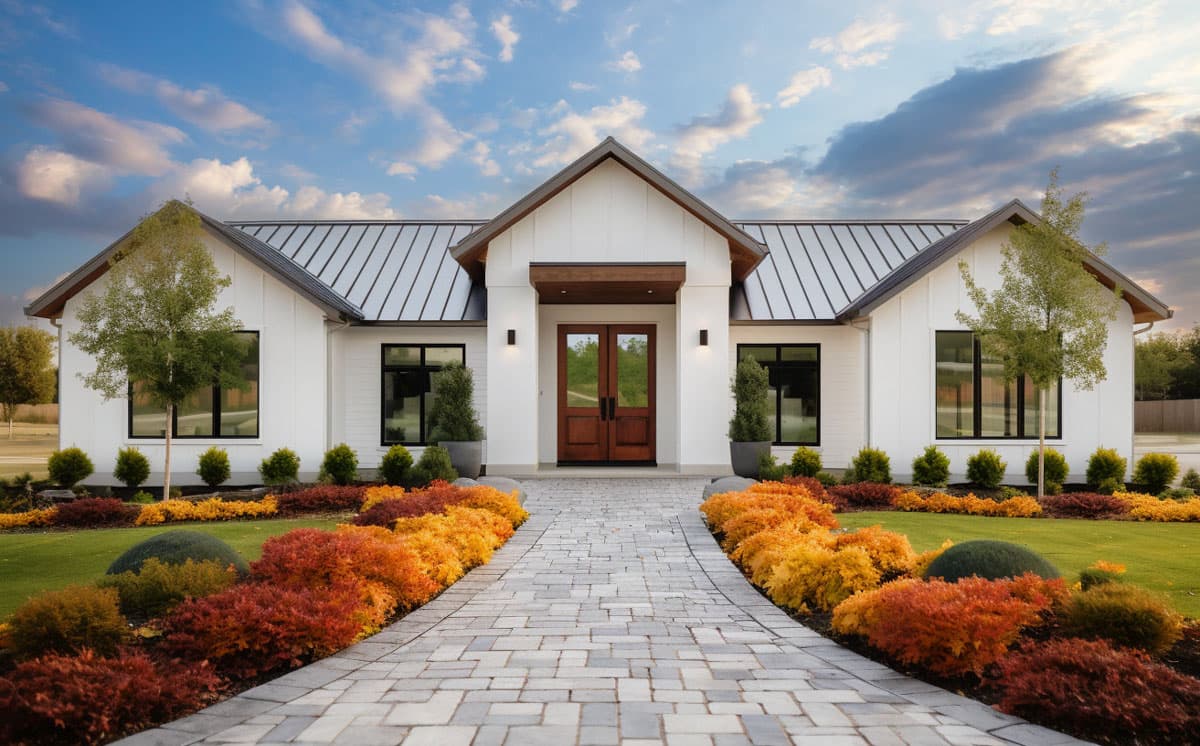 House plan exterior. Modern Farmhouse style with a single story, metal roof, gabled entry, and symmetrical design with dark framed windows.