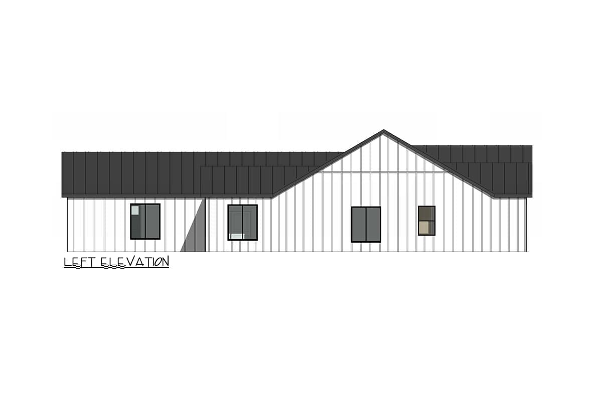 Left elevation drawing of a Modern Farmhouse plan with vertical siding, gable roof, and multiple windows.