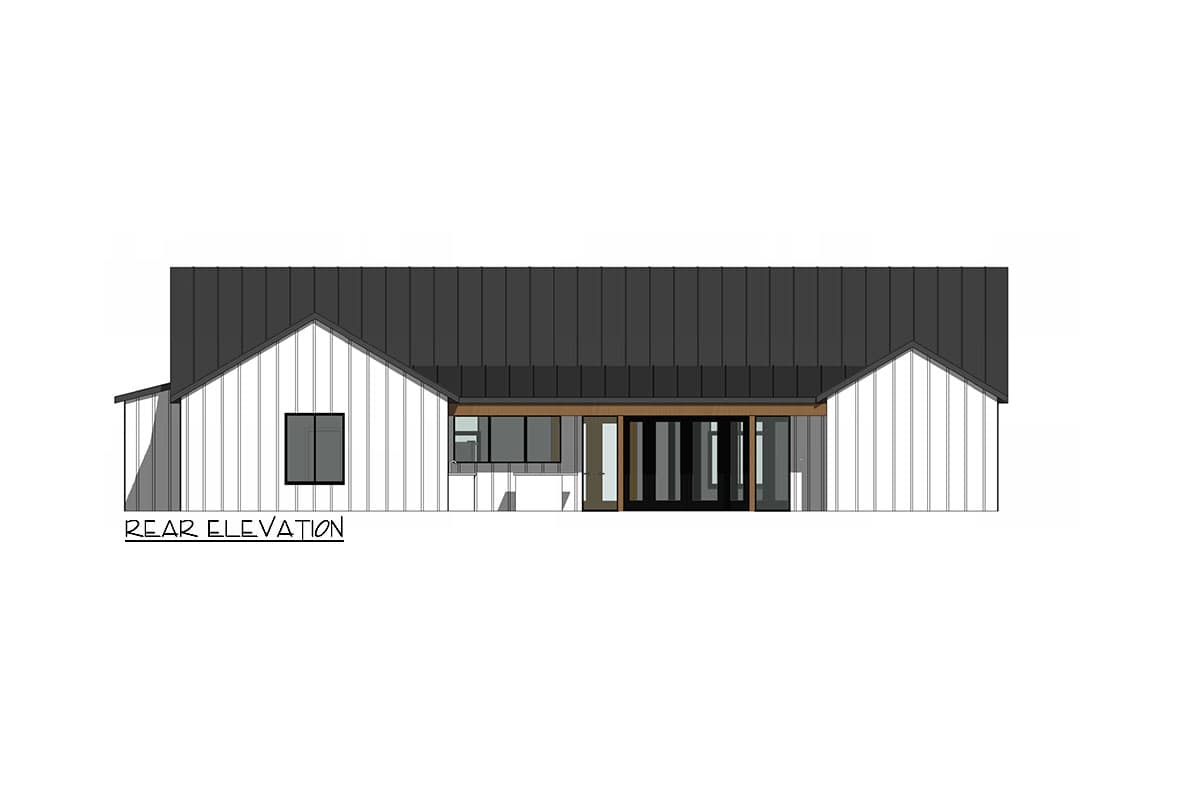 Rear elevation of a Modern Farmhouse style house plan, featuring vertical siding, a standing seam metal roof, and a prominent glass entry.