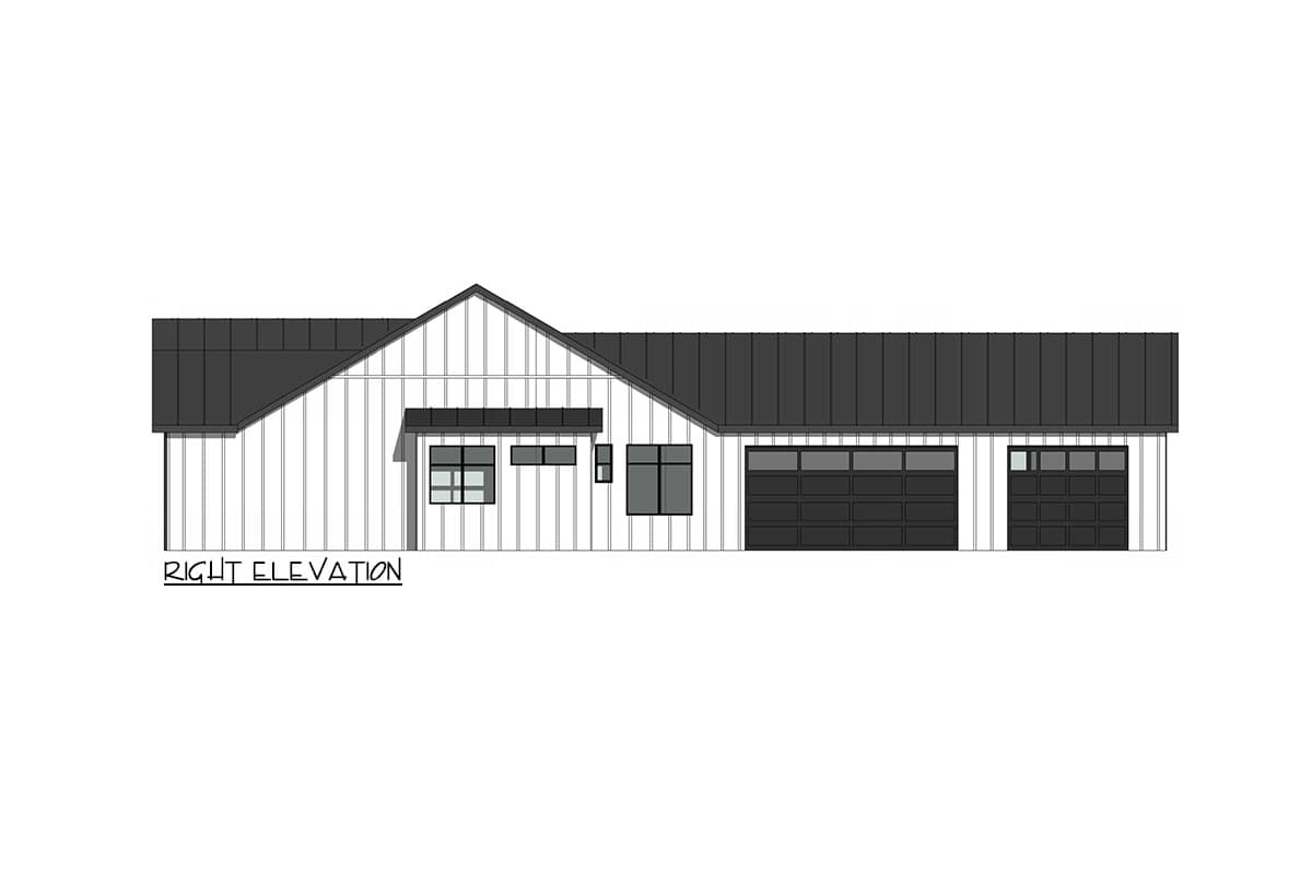 Right elevation house plan: Modern style with vertical siding, pitched metal roof, multiple windows, and a three-car garage.