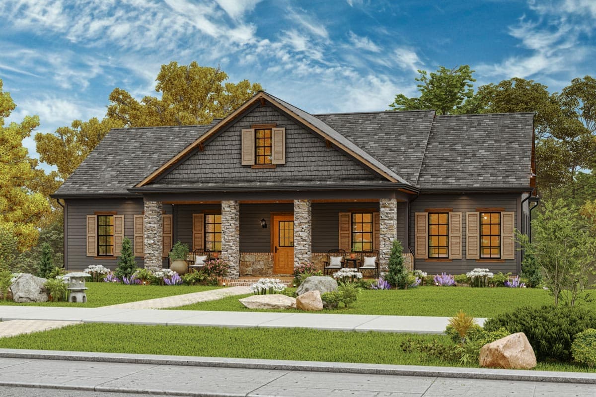 House plan exterior: Ranch style with stone-clad porch columns, front door, gables, and multiple windows.