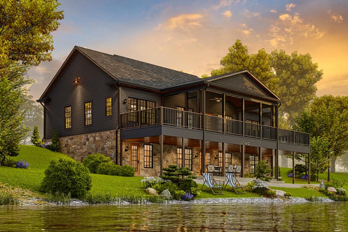 House plan exterior, two-story modern home with stone foundation, wide wraparound porch, and gabled roof.