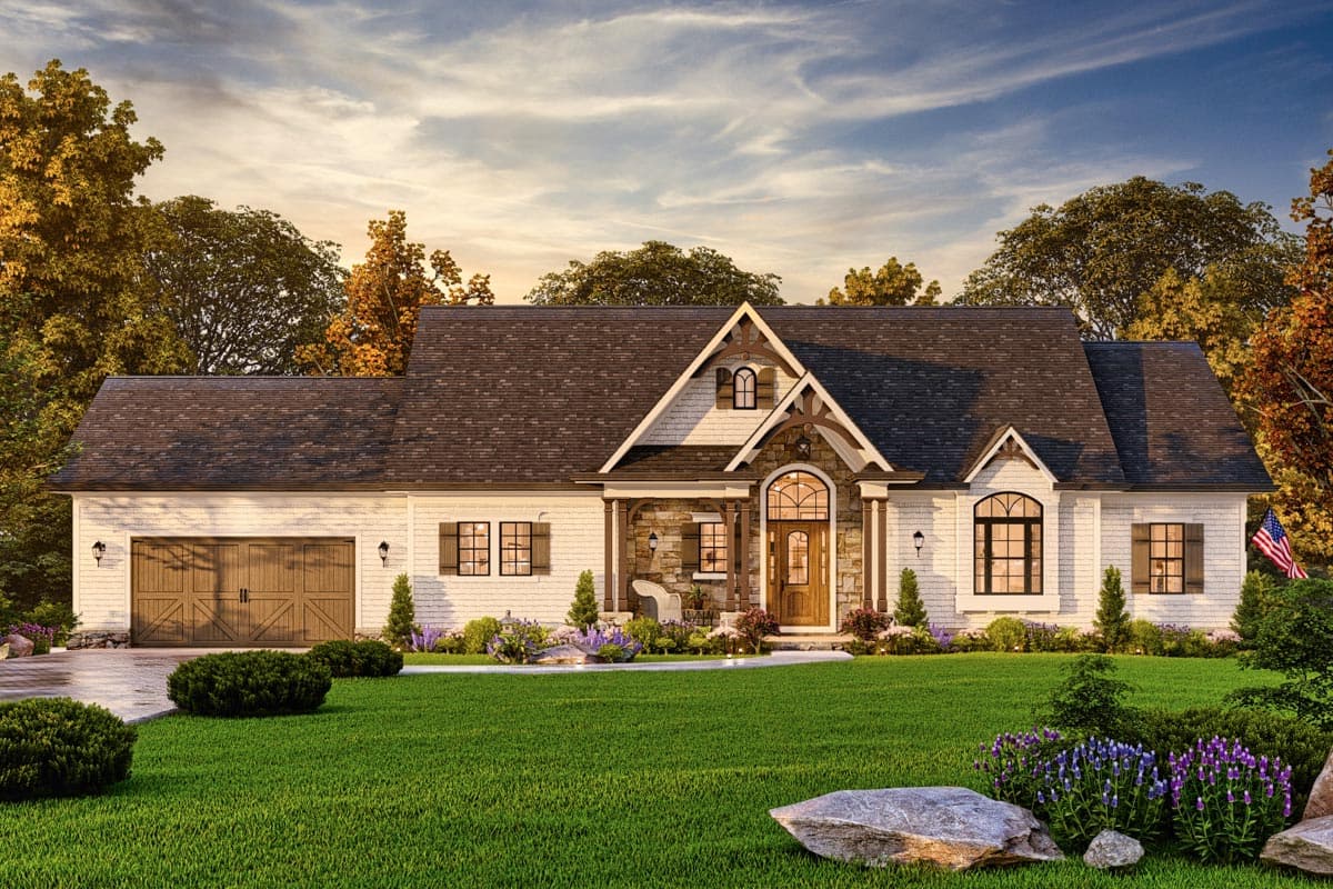 House plan exterior of a one-story Modern Farmhouse with a gabled entrance, stone accents, and a two-car garage.
