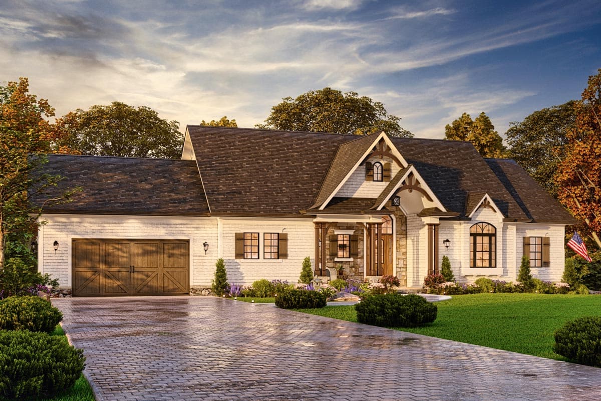 House plan exterior with Craftsman style, single story, and a gable roof. Features include a front porch, dormers, and an attached garage.