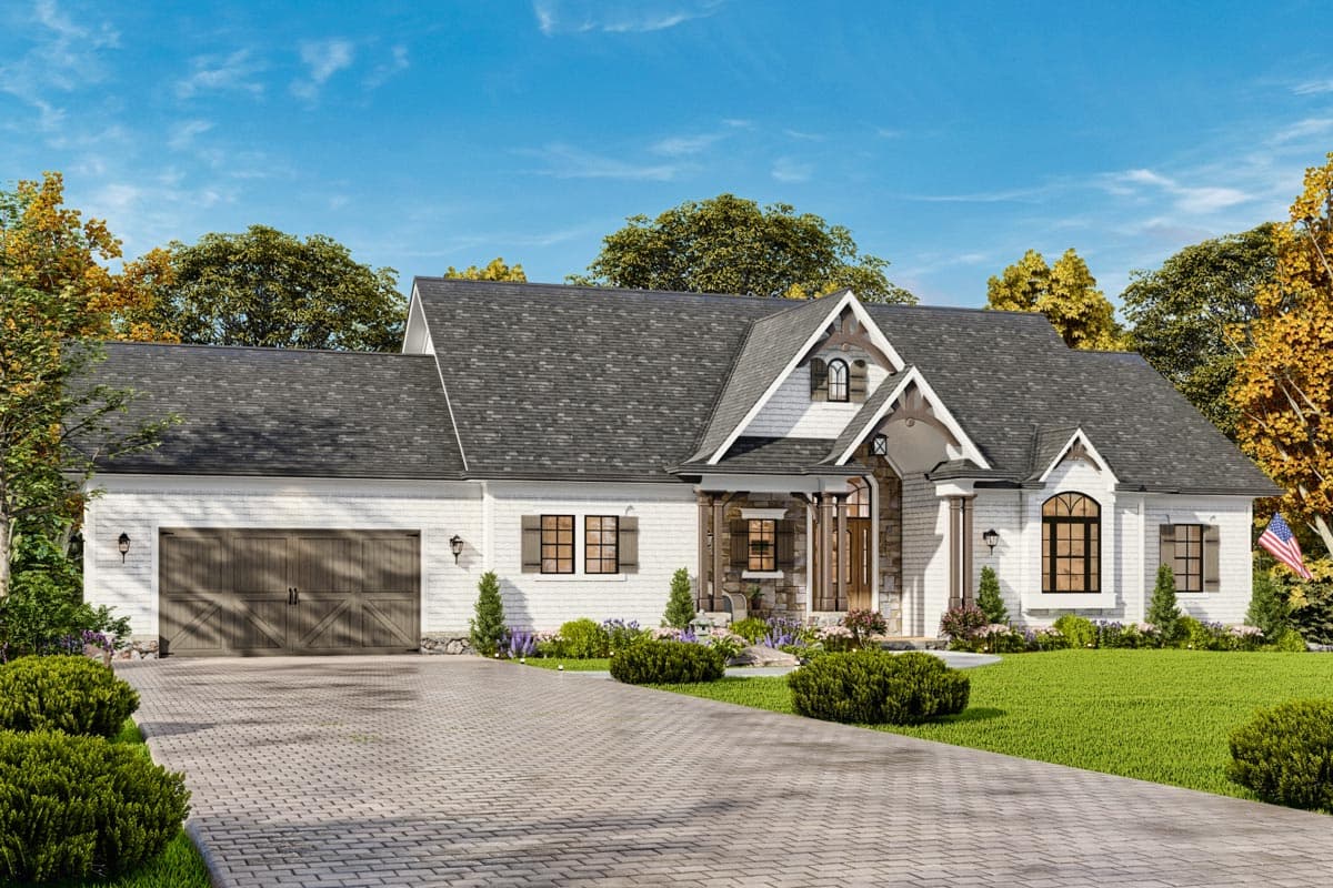 House plan exterior: Modern Farmhouse style, one story, with a covered front porch, multiple gables, and a side-entry garage.