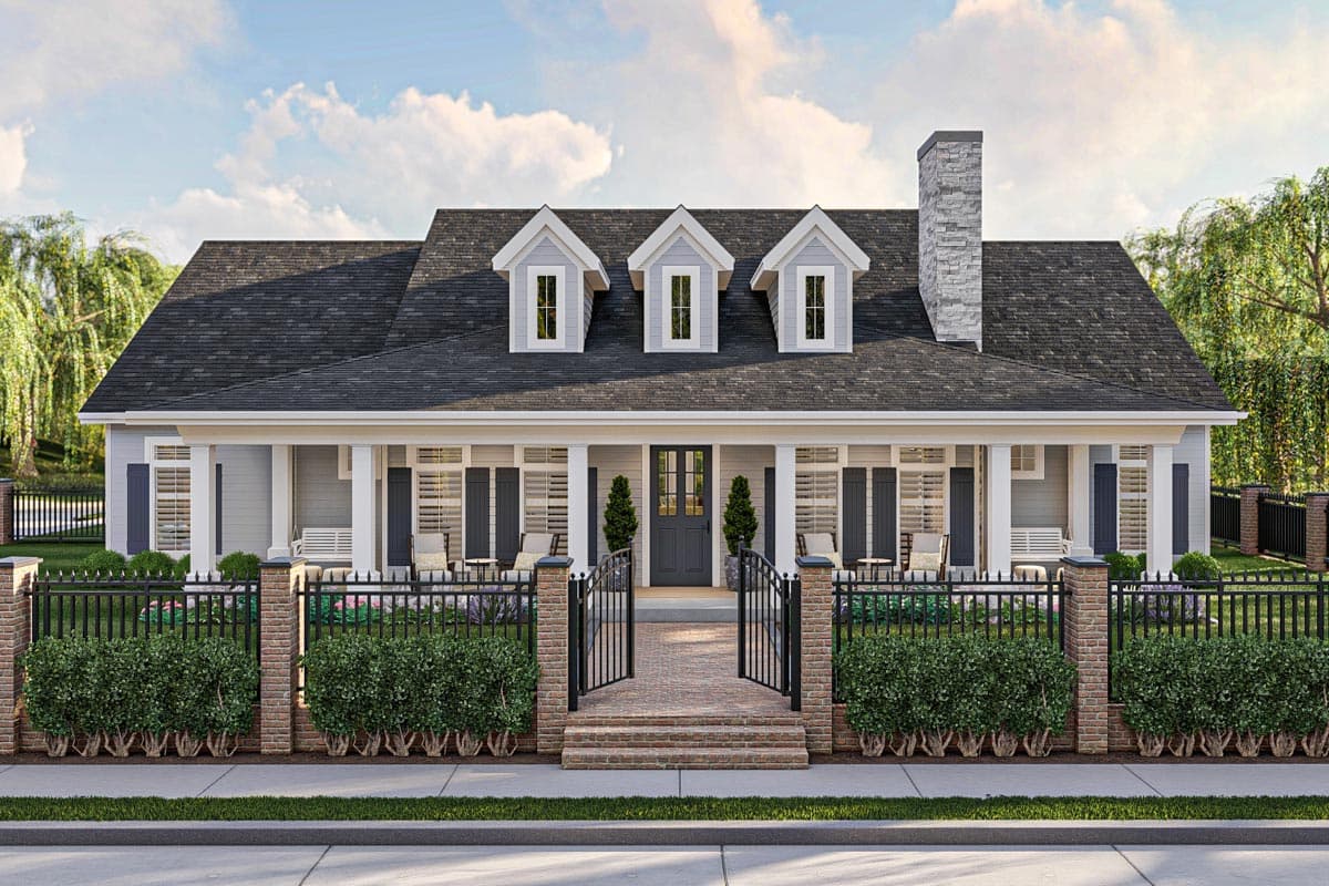 House plan exterior with Craftsman style, one story, front porch with columns, three dormers, and brick chimney.