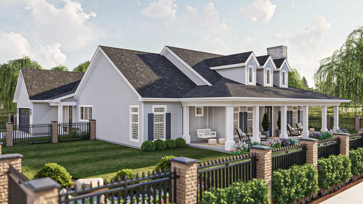 House plan exterior showing a one-story Modern Farmhouse with a wrap-around porch, gables, dormers, and a stone chimney.