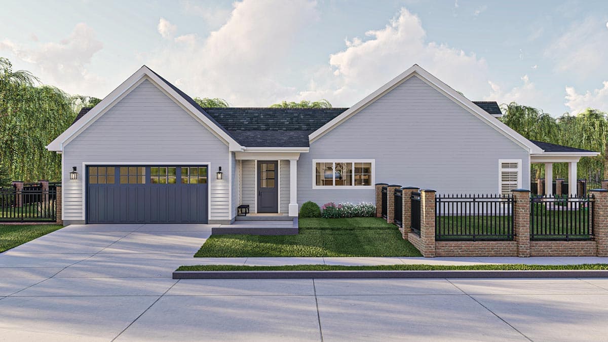 House plan exterior: One-story Modern Farmhouse with gable roof, side-entry garage, covered front porch, and brick fence.