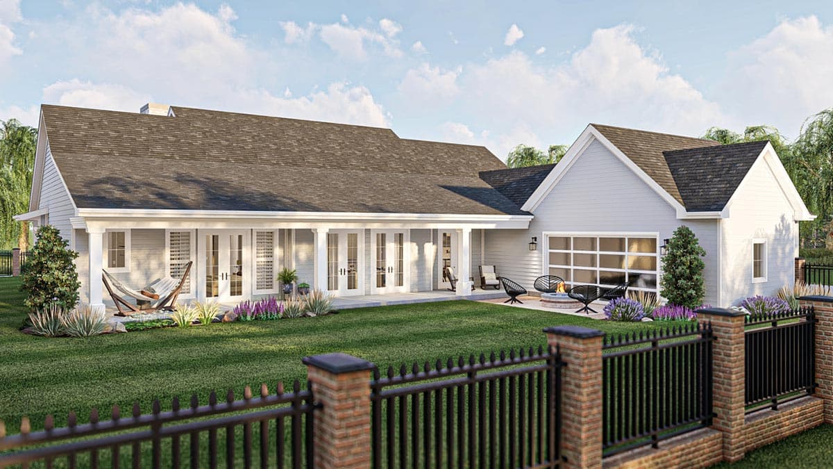 Modern Farmhouse house plan exterior with covered porch, double doors, gabled dormer, and glass garage door.