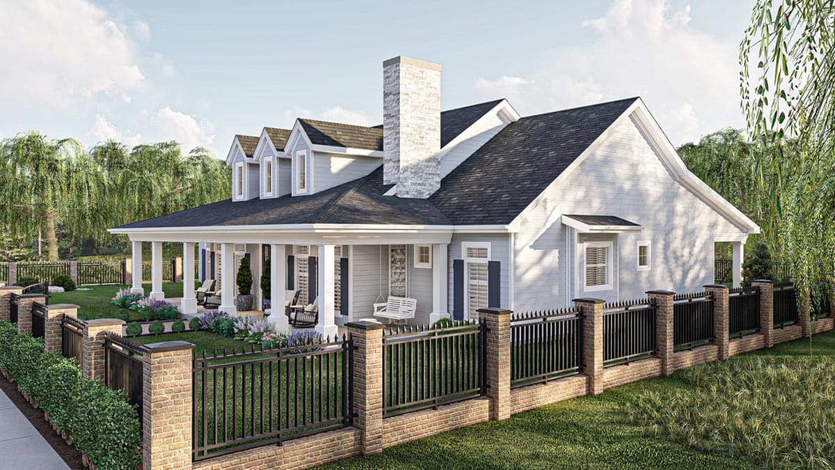 House plan exterior: Modern Farmhouse style, two stories, wrap-around porch, stone chimney, and gabled dormers.
