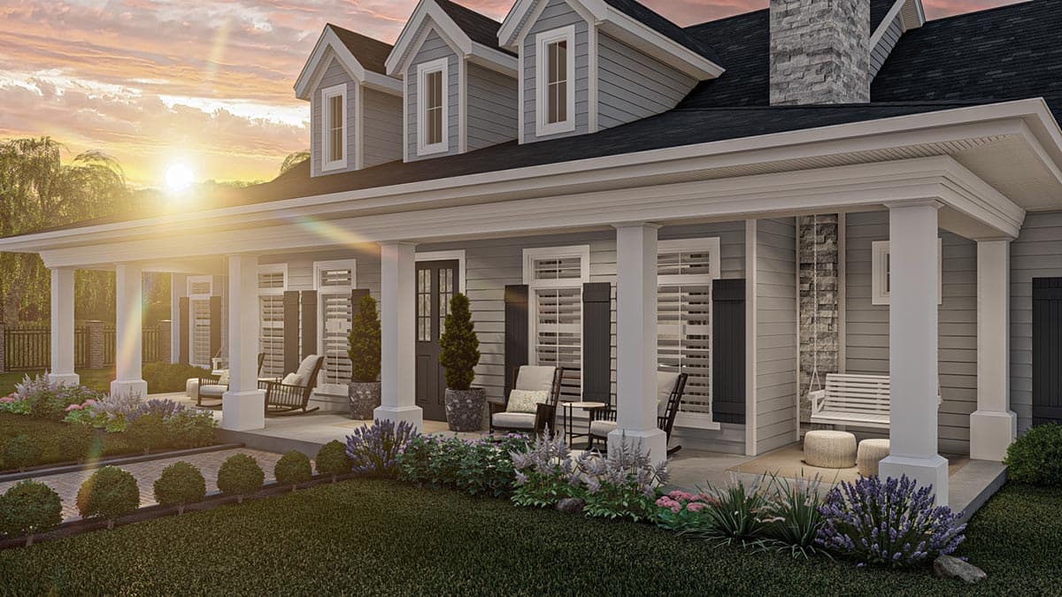 House plan exterior of two-story Modern Farmhouse with wrap-around porch, gables, dormers, and stone chimney.