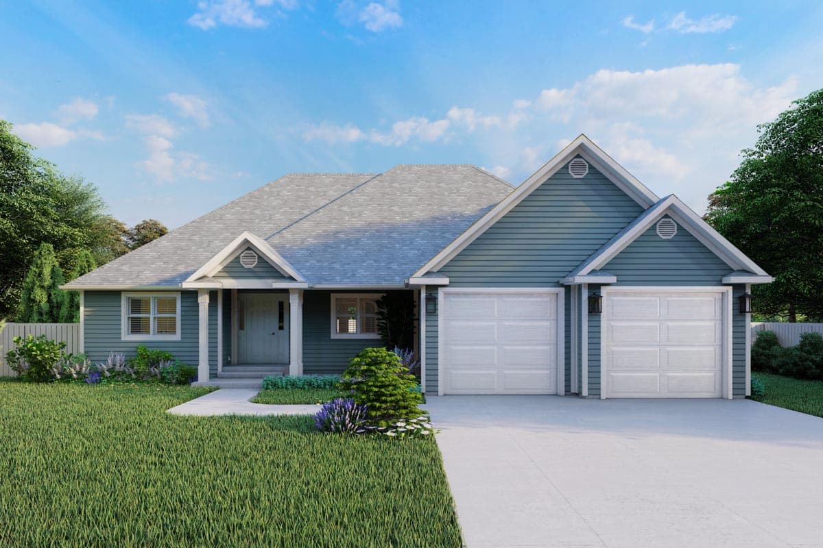 House plan exterior. Ranch style, single story home with gabled roof, two-car garage, and front porch with columns.