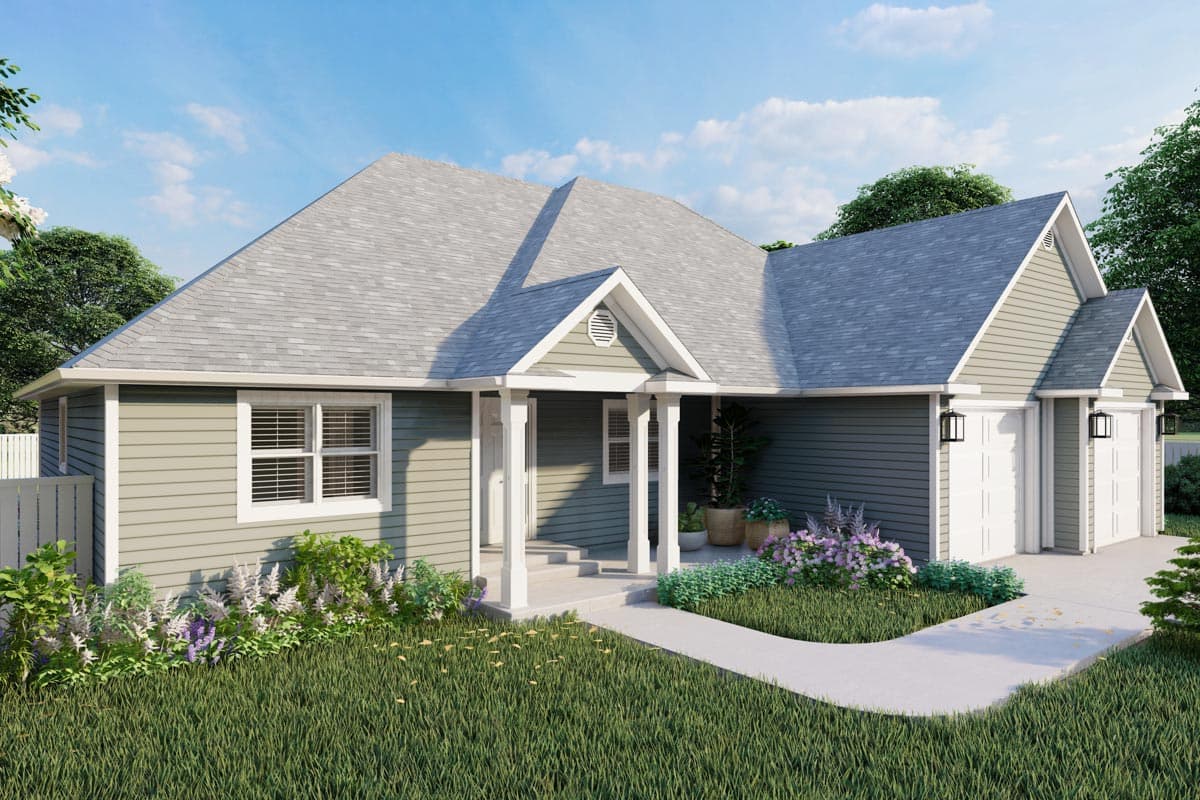 House plan exterior: one-story modern farmhouse with covered front porch, gable dormer, and attached two-car garage.