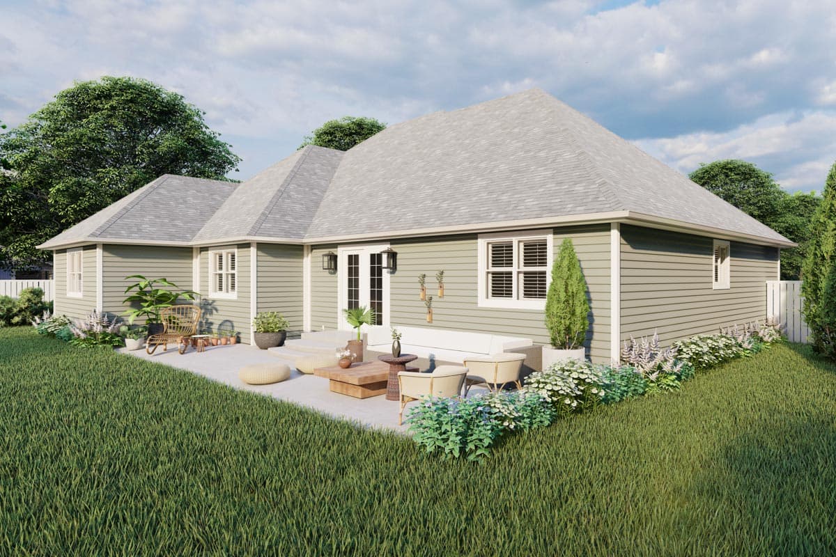 House plan exterior: Single-story Modern Farmhouse with hip rooflines, patio access, and horizontal siding.