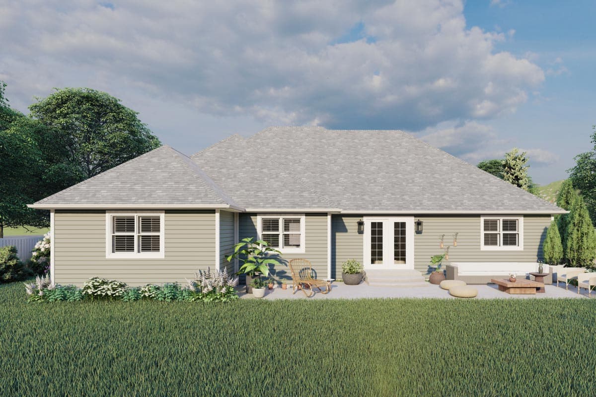 House plan exterior view of a single-story home with a prominent hipped roof, double doors to the patio, and multiple windows.