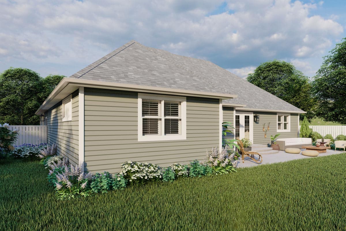 House plan exterior: Single-story residence with hip roof, horizontal siding, multiple windows, and patio access.