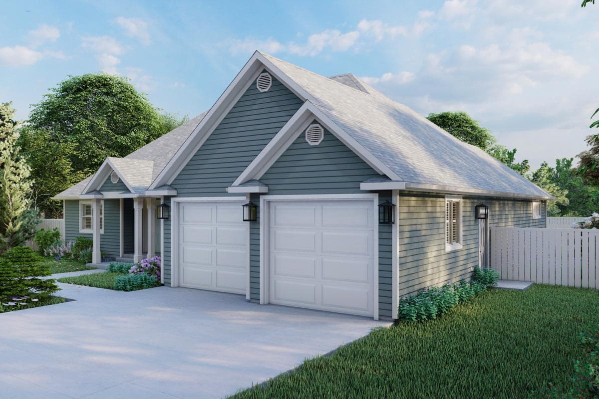 House plan exterior of a one-story Modern Farmhouse with a two-car garage, gables, and a covered entry porch.