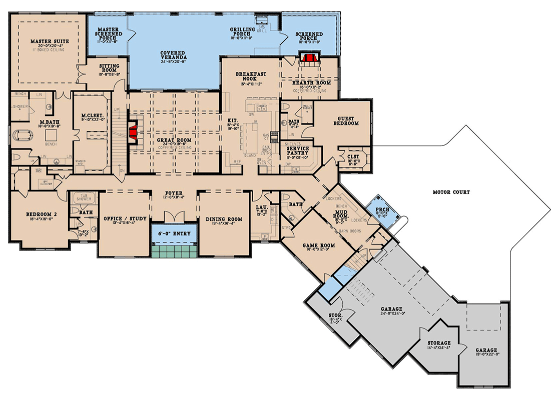 Plan 70856MK: Luxury 2-Story European Home Plan with Second Floor Game Room and Home Theater - Floor Plan - Main Level - European, Traditional