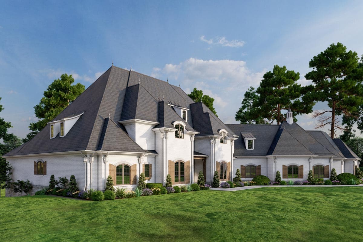 House plan exterior: French Provincial style, two stories, mansard roof, dormers, shutters, and brick facade.
