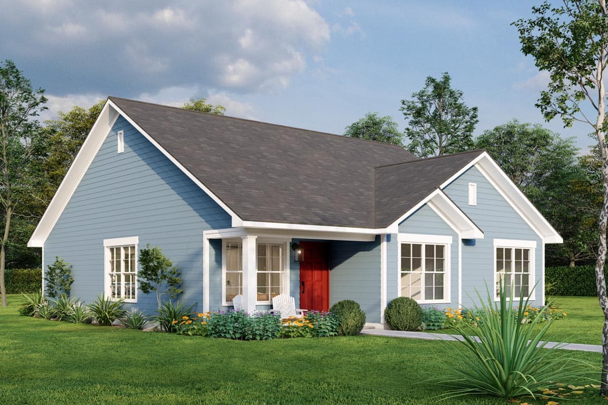 House plan exterior: single-story Modern Farmhouse with gables, covered porch, and prominent red front door.