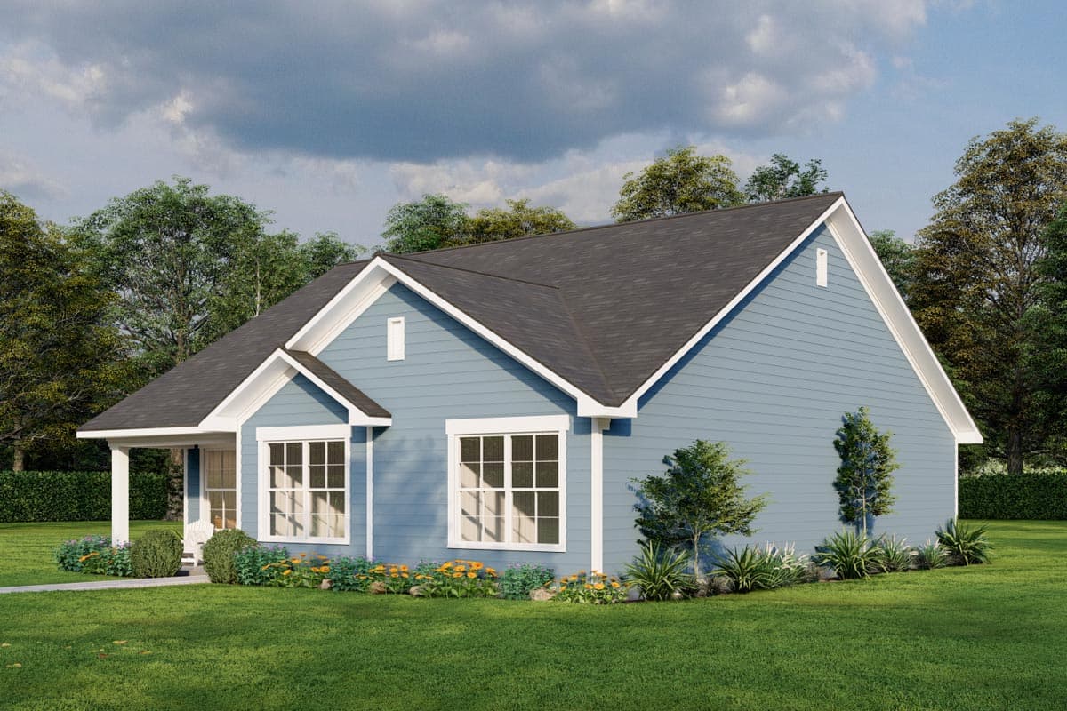 House plan exterior: One-story Modern Farmhouse with a covered front porch, gabled roof, and double-hung windows.