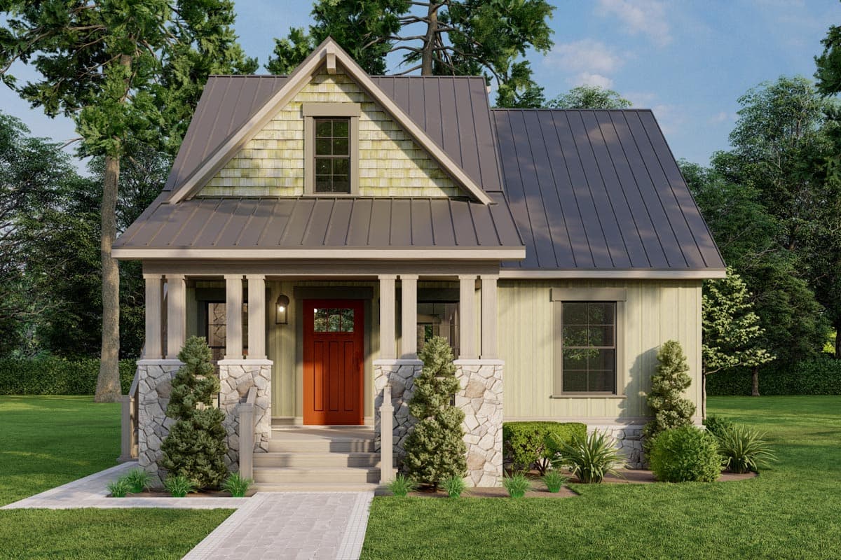 Craftsman house plan exterior with a single story, front porch, gabled dormer, and metal roof.
