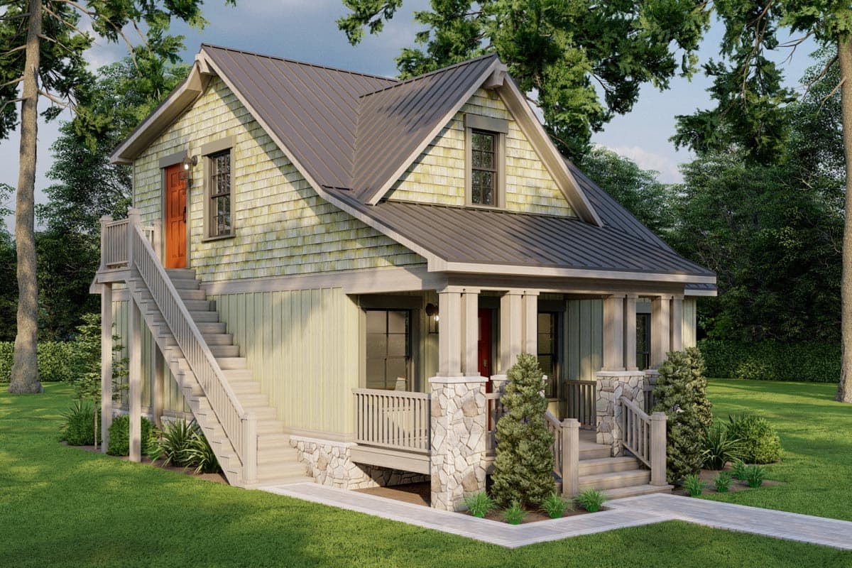 House plan exterior: two-story Craftsman style with metal roof, front porch, stacked stone accents, and exterior staircase.