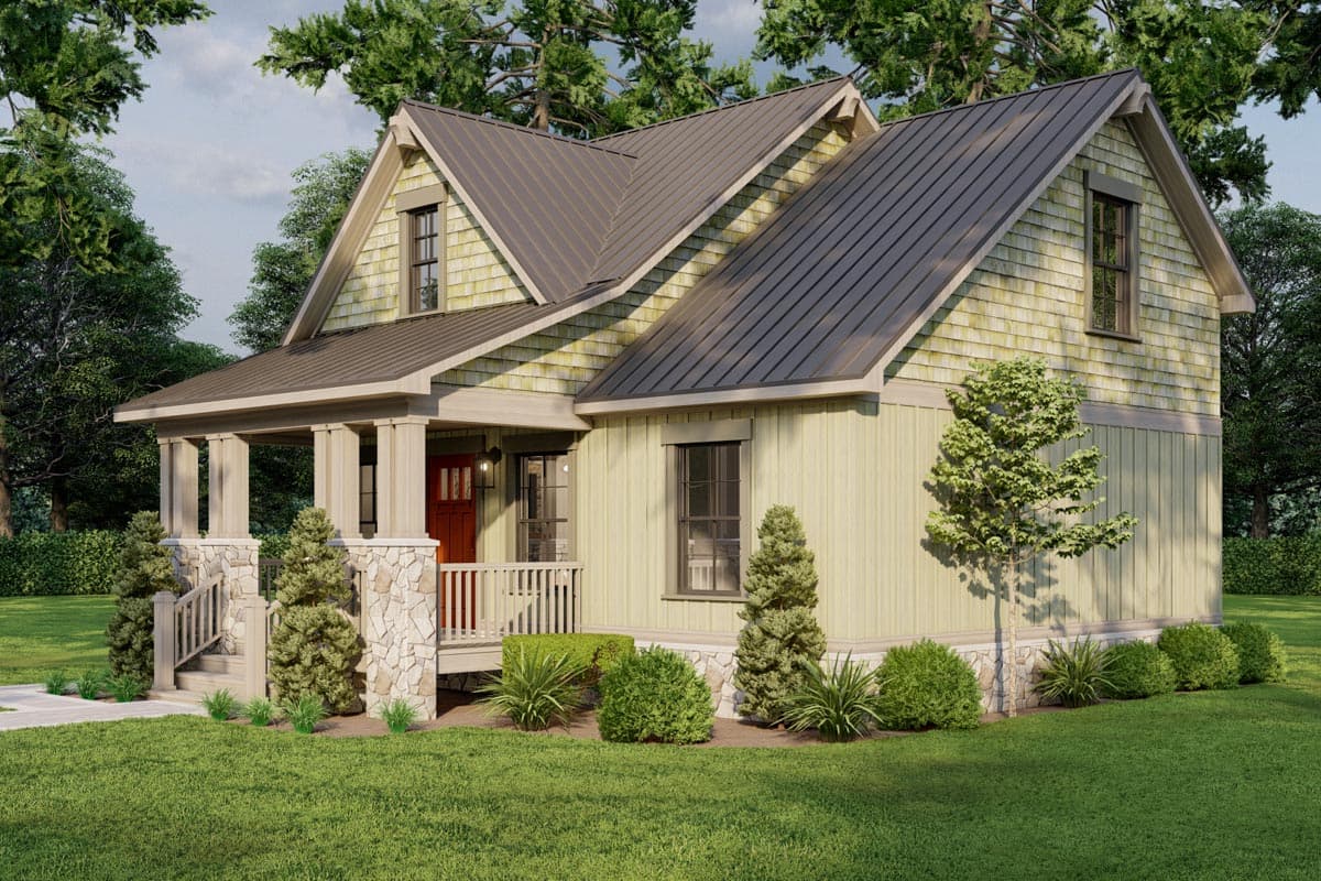 Craftsman house plan exterior with a covered porch, stone base, gabled dormer, and metal roof.