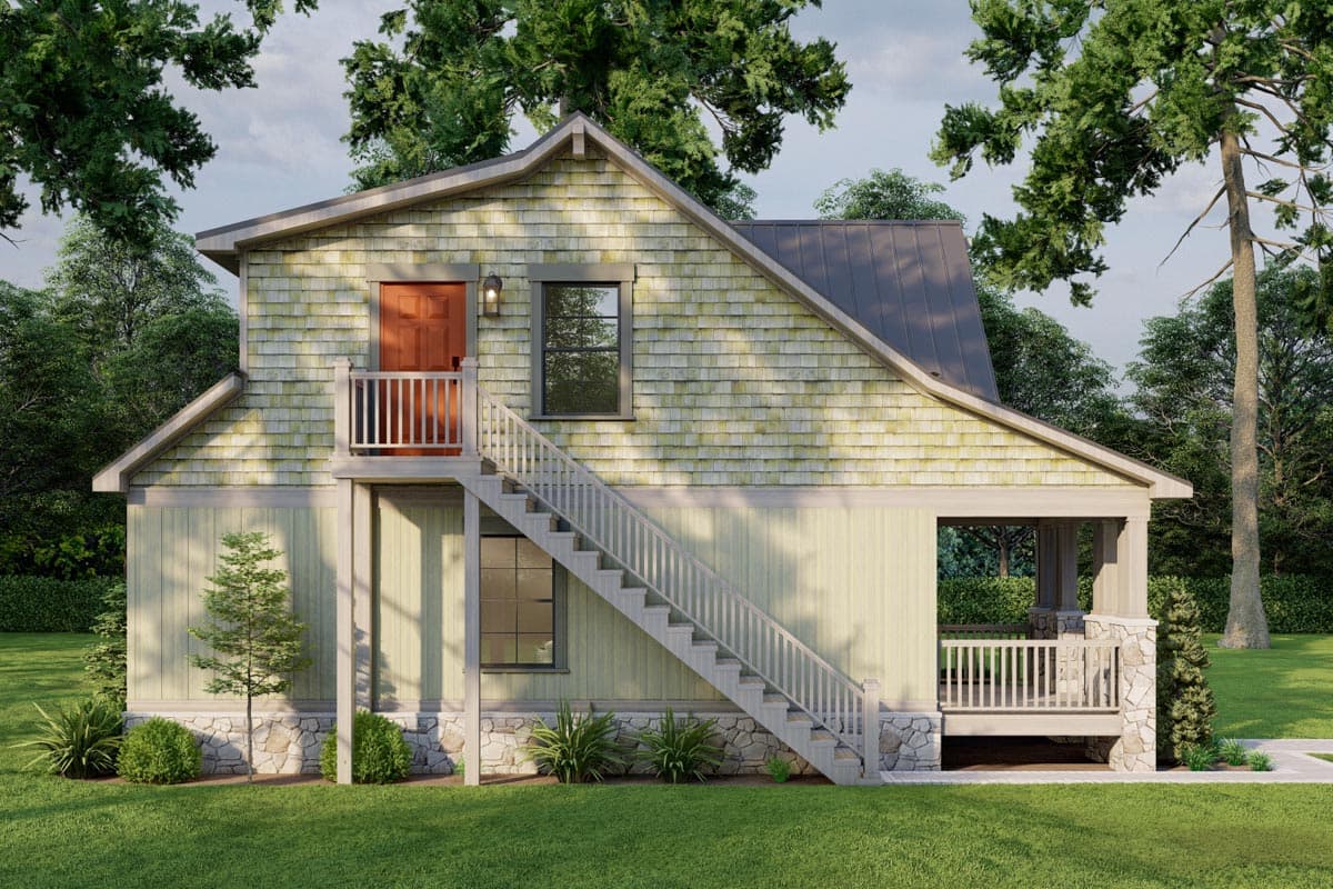 House plan exterior of a two-story home with shingle siding, stone foundation, metal roof, side porch, and an elevated entrance with stairs.