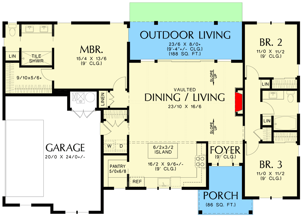 Plan 69818AM: Under 1,600 Square Foot Country Farmhouse Plan with Vaulted Living Space - Floor Plan - Main Level - Country, Farmhouse, Modern Farmhouse, New American, Ranch