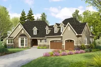 Charming European Home Plan with Angled 3-Car Garage and Bonus Above